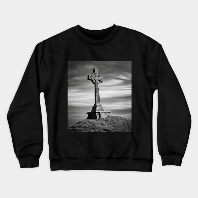Celtic Cross on a Hill under a Cloudy, stormy sky in Black and Gray. Crewneck Sweatshirt by DesignsbyZazz